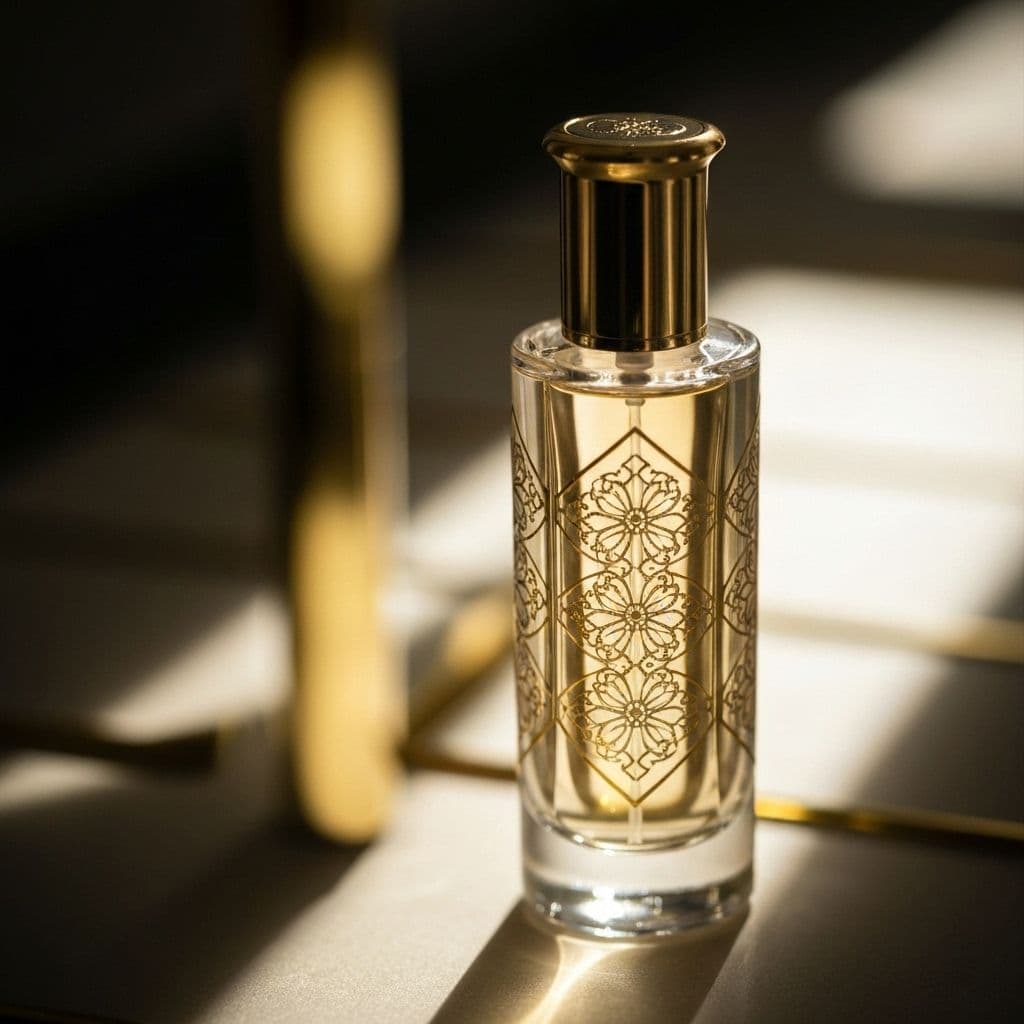 Luxury perfume bottle in ethereal lighting with golden accents